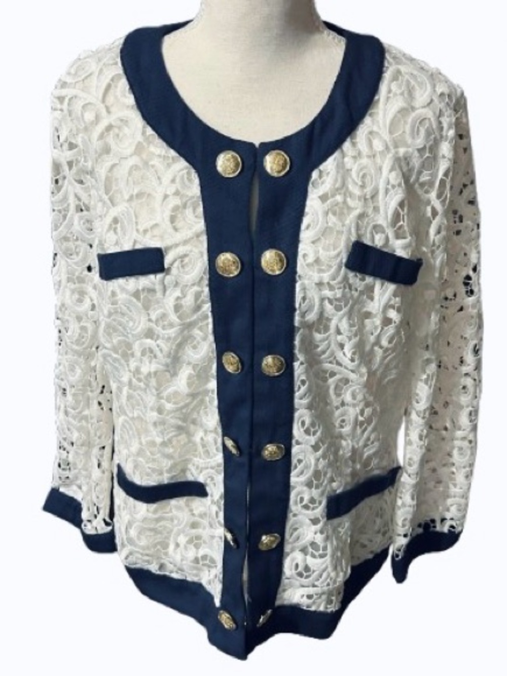 Lace Parisian Grommet Jacket BOSTON PROPER Jacket Nautical Gold Navy Extra Large